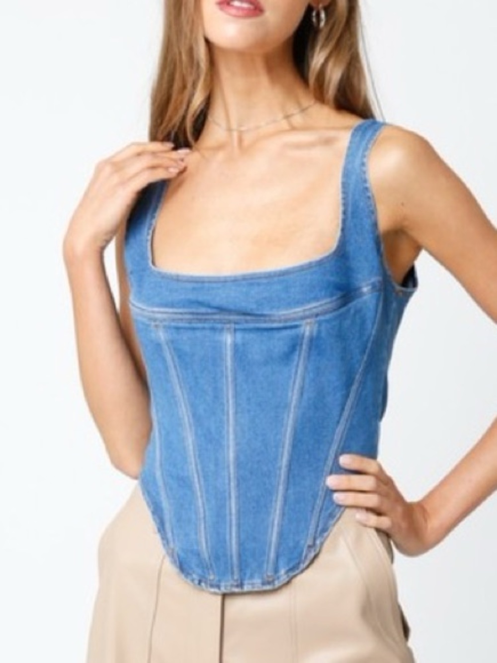 Olivaceous REVOLVE Light Blue Denim Corset Top Sz small zips in the back